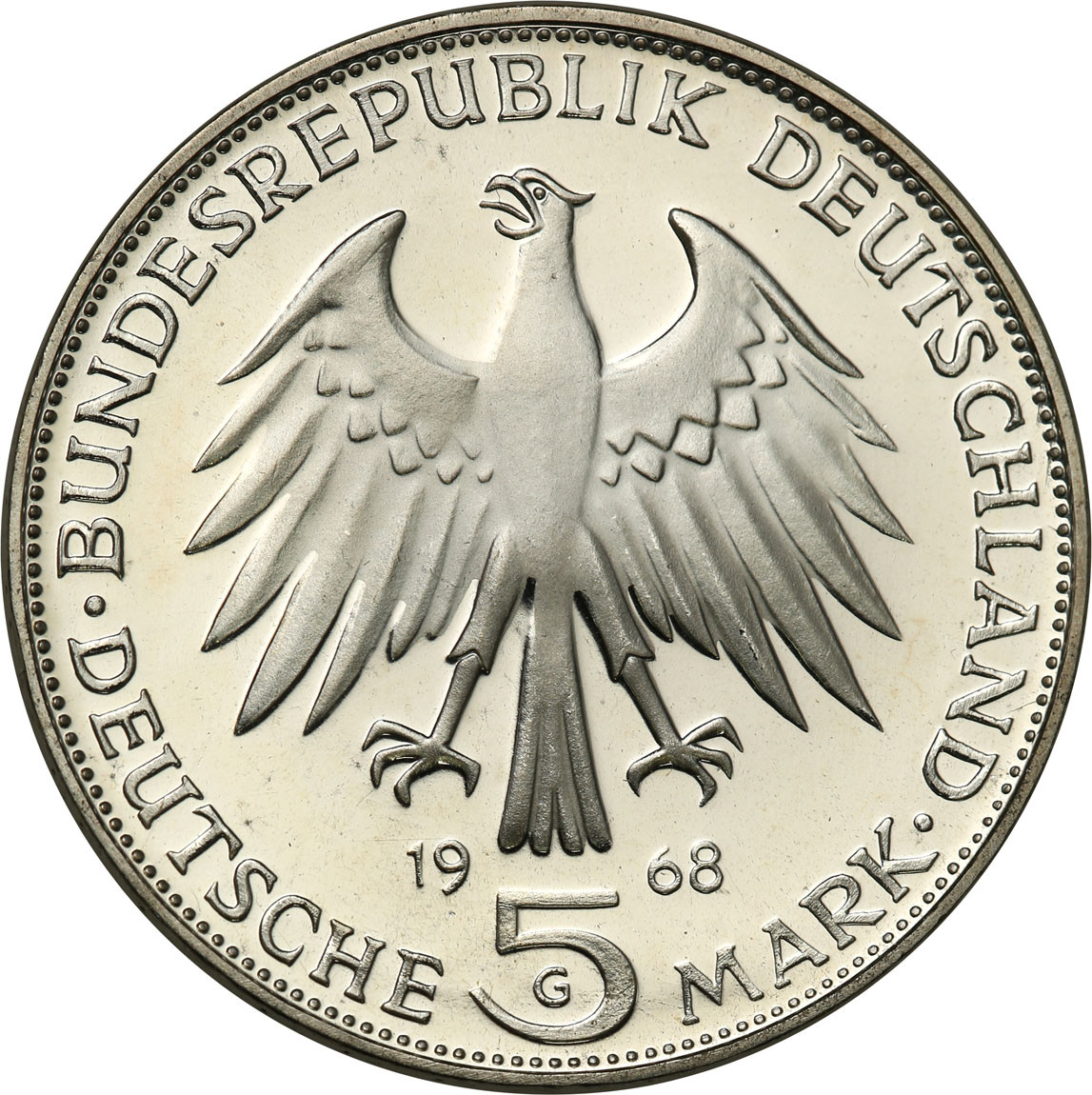 Niemcy, RFN. 5 marek 1968 G, Karlsruhe, Johannes Gutenberg